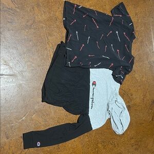 Champion Black and Gray Hooded with Logo T-Shirt